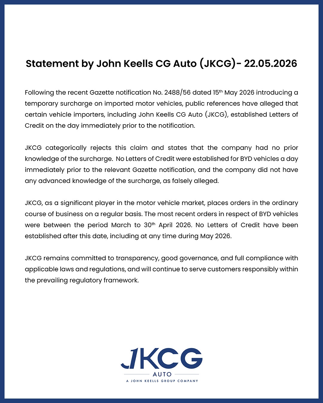 Statement by John Keells CG Auto (JKCG)- 22.05.2026