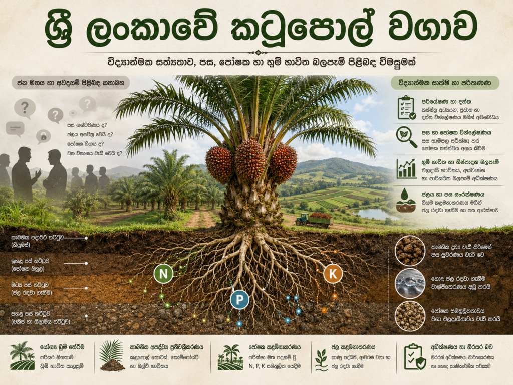 විද්‍යාත්මක සත්‍යතාව සහ මහජන මතය, ශ්‍රී ලංකාවේ කටුපොල් (ඔයිල් පාම්) වගාවේ පස, පෝෂක, හා භූමි භාවිත බලපෑම් පිලිබඳ විමසුමක්